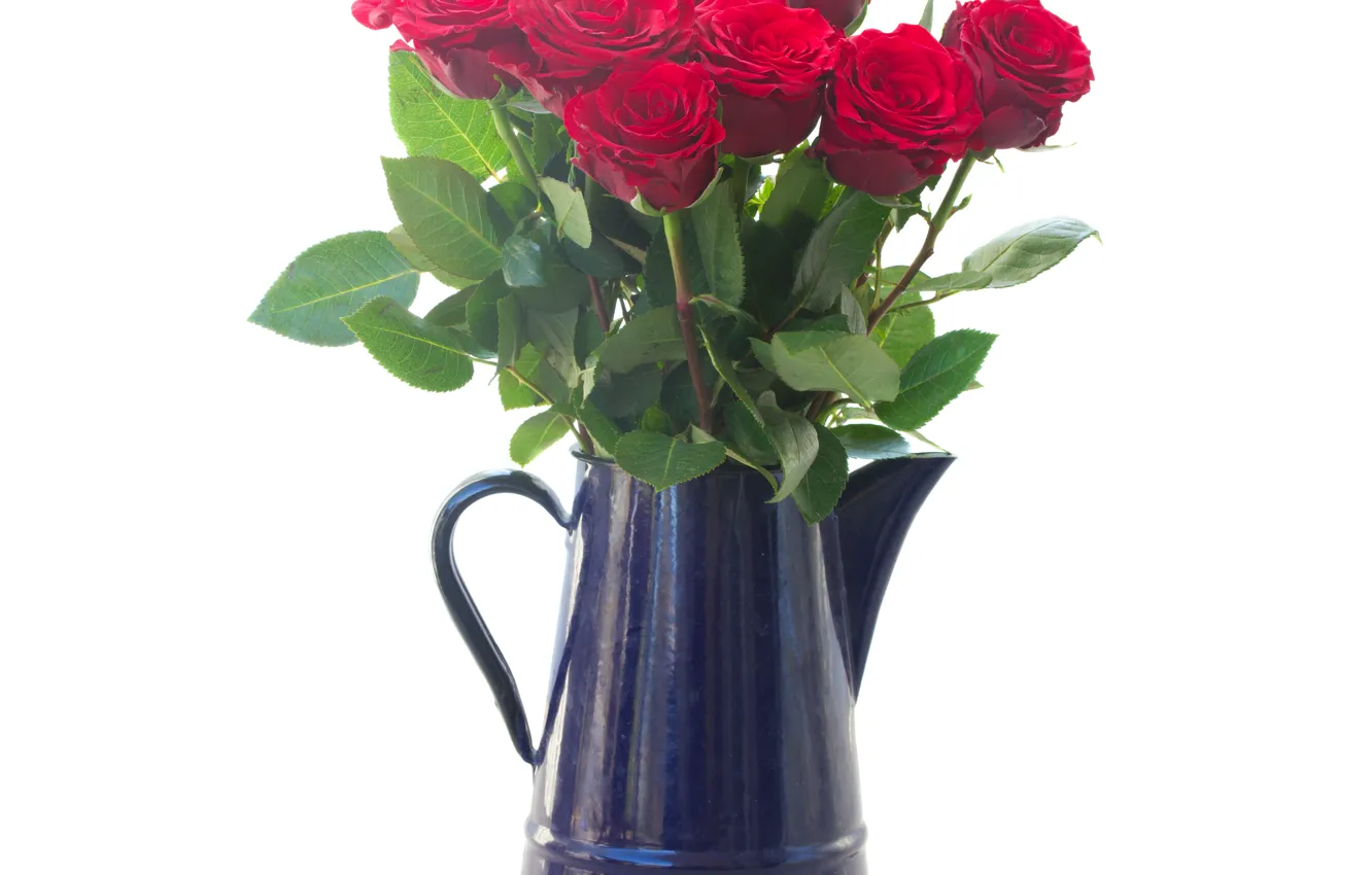 Photo wallpaper flowers, red, roses, bouquet, pitcher