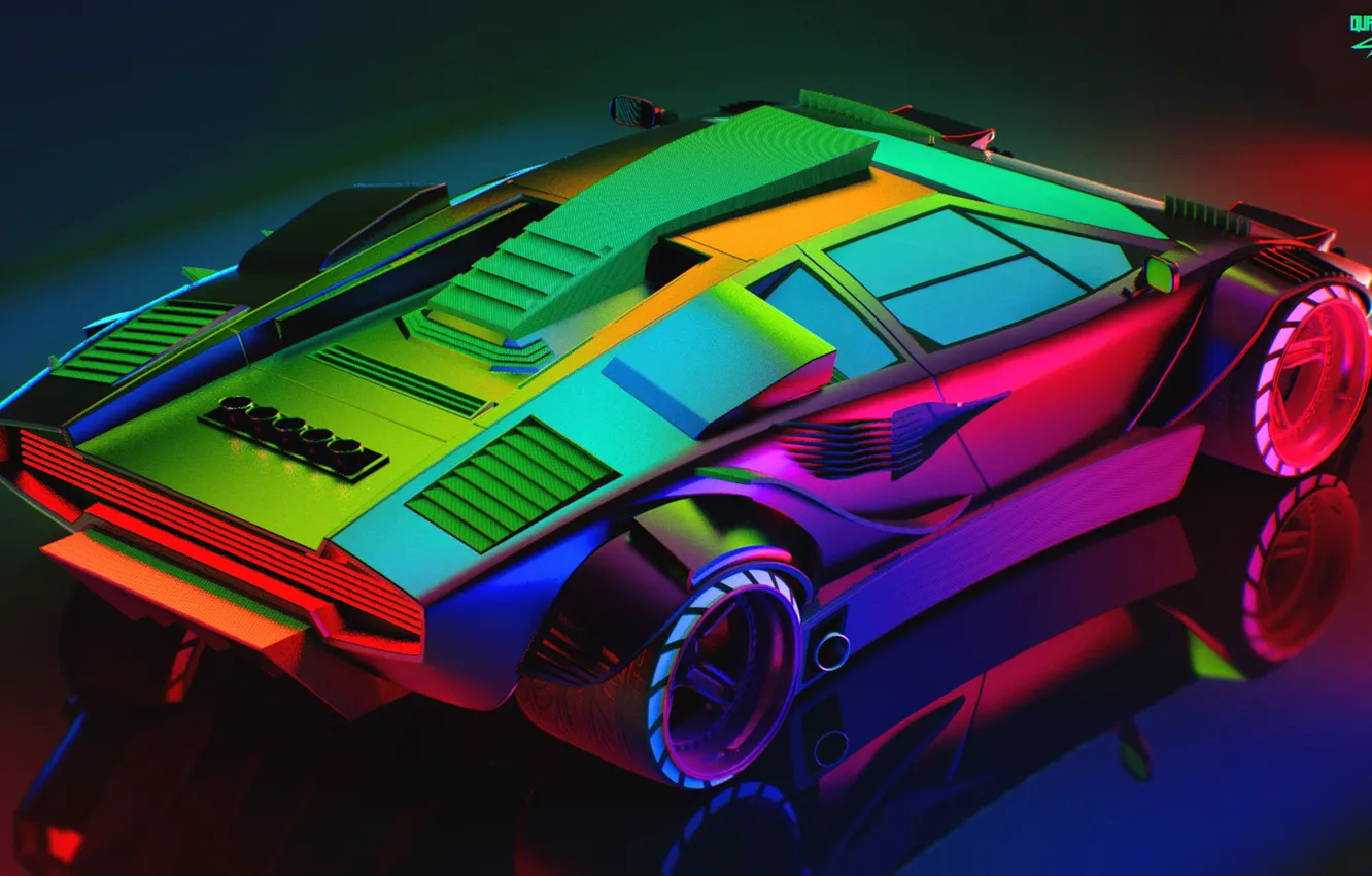 Photo wallpaper car, machine, auto, rendering, neon, Lamborghini, the view from the top, art