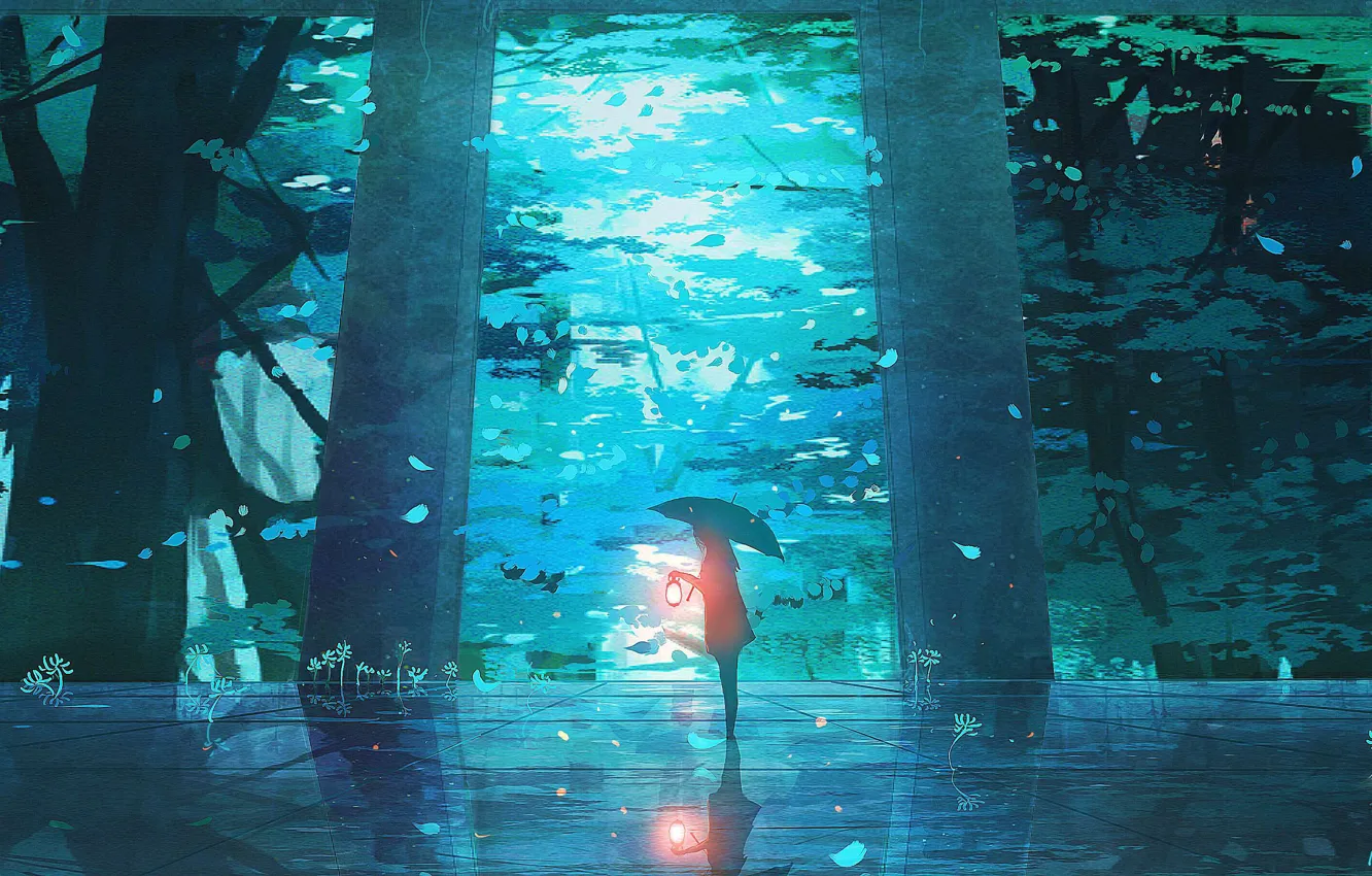 Photo wallpaper forest, girl, umbrella, lantern