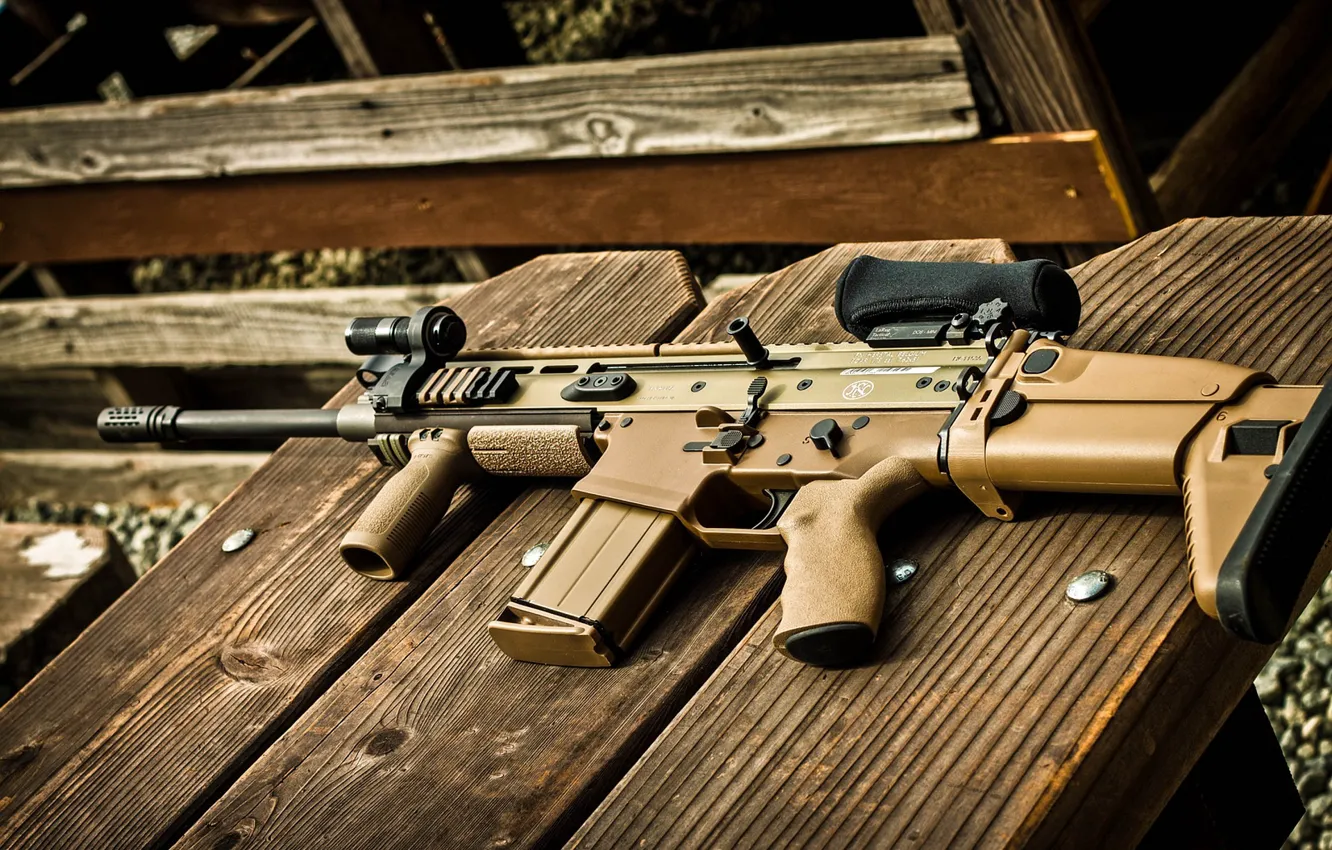 Photo wallpaper trees, weapons, machine, optics, lies, Foregrip, FN SCAR 17S