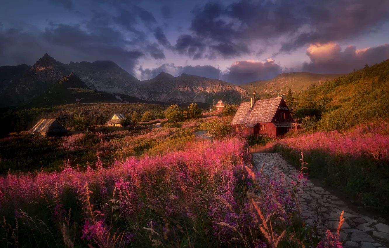 Photo wallpaper road, clouds, mountains, night, village, horizon, structure, High Tatras