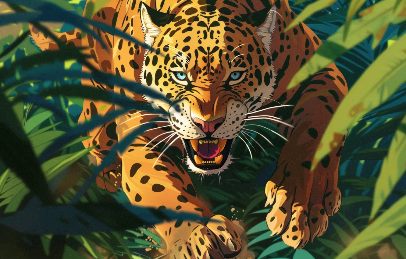 Photo wallpaper mustache, face, leaves, predator, art, mouth, fangs, grin