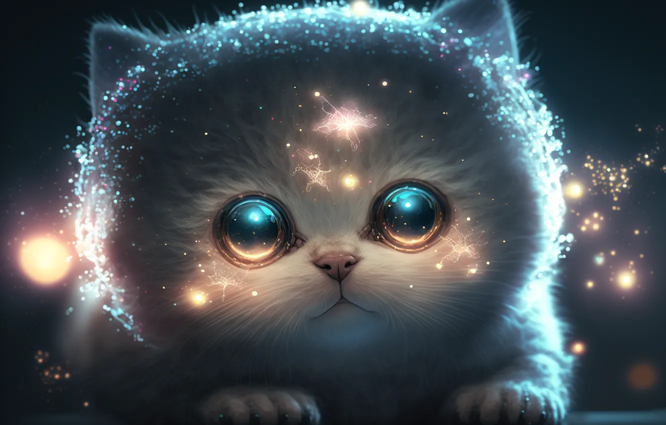 Photo wallpaper cat, eyes, lights, muzzle, kitty, fantastic cat, AI art, The Art of Artificial Intelligence