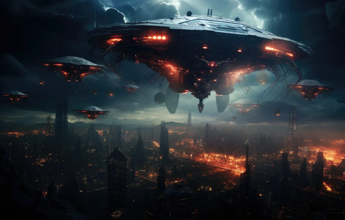 Photo wallpaper the sky, flight, night, clouds, the city, lights, fog, fiction