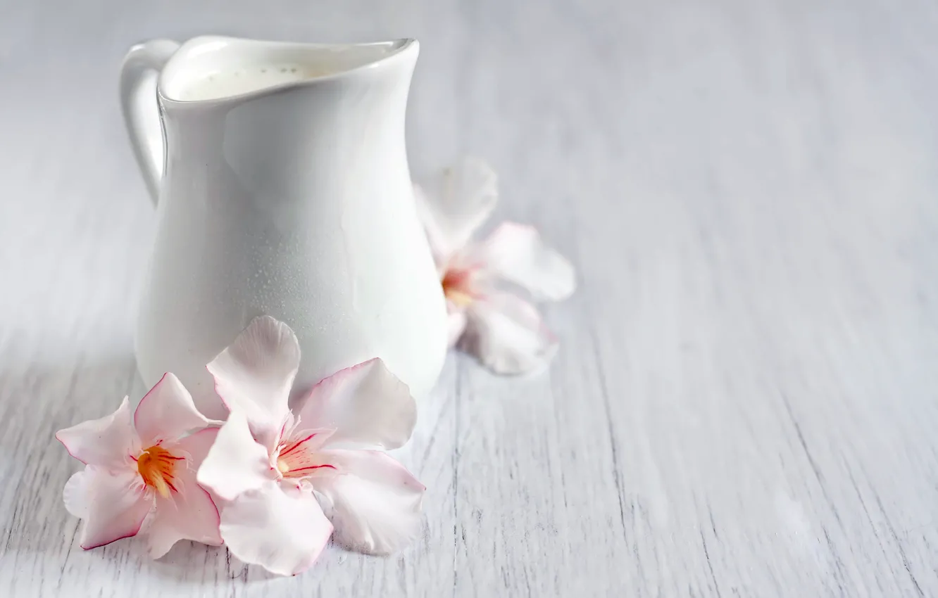 Photo wallpaper flowers, milk, pink, pitcher, the milkman