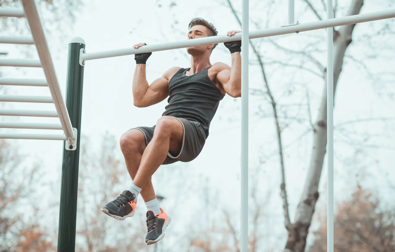 Photo wallpaper street, muscle, muscle, training, athlete, the horizontal bar, workout, workout