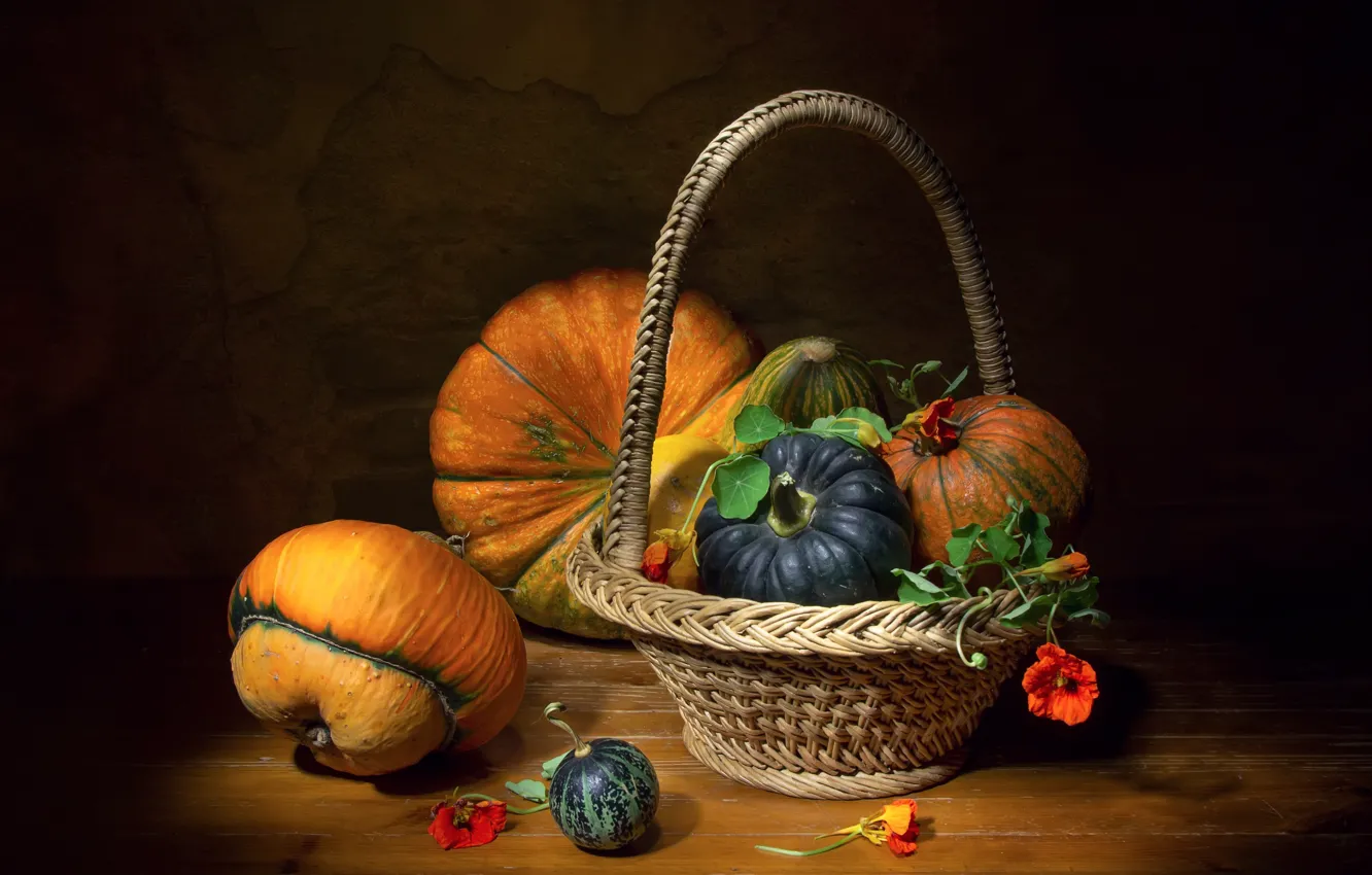 Photo wallpaper table, pumpkin, still life, basket