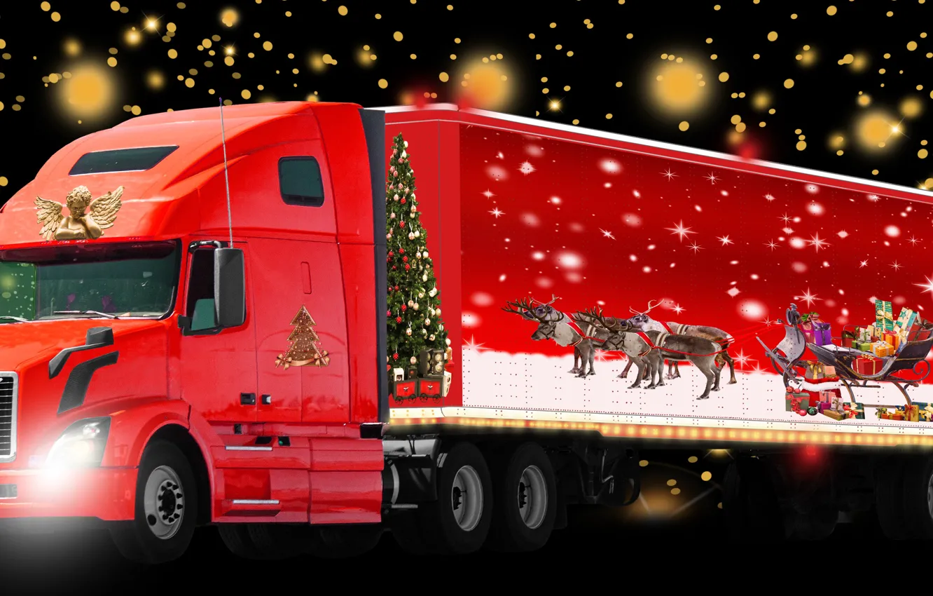 Photo wallpaper red, gift, new year, Christmas, car, the dark background, the truck, Truck