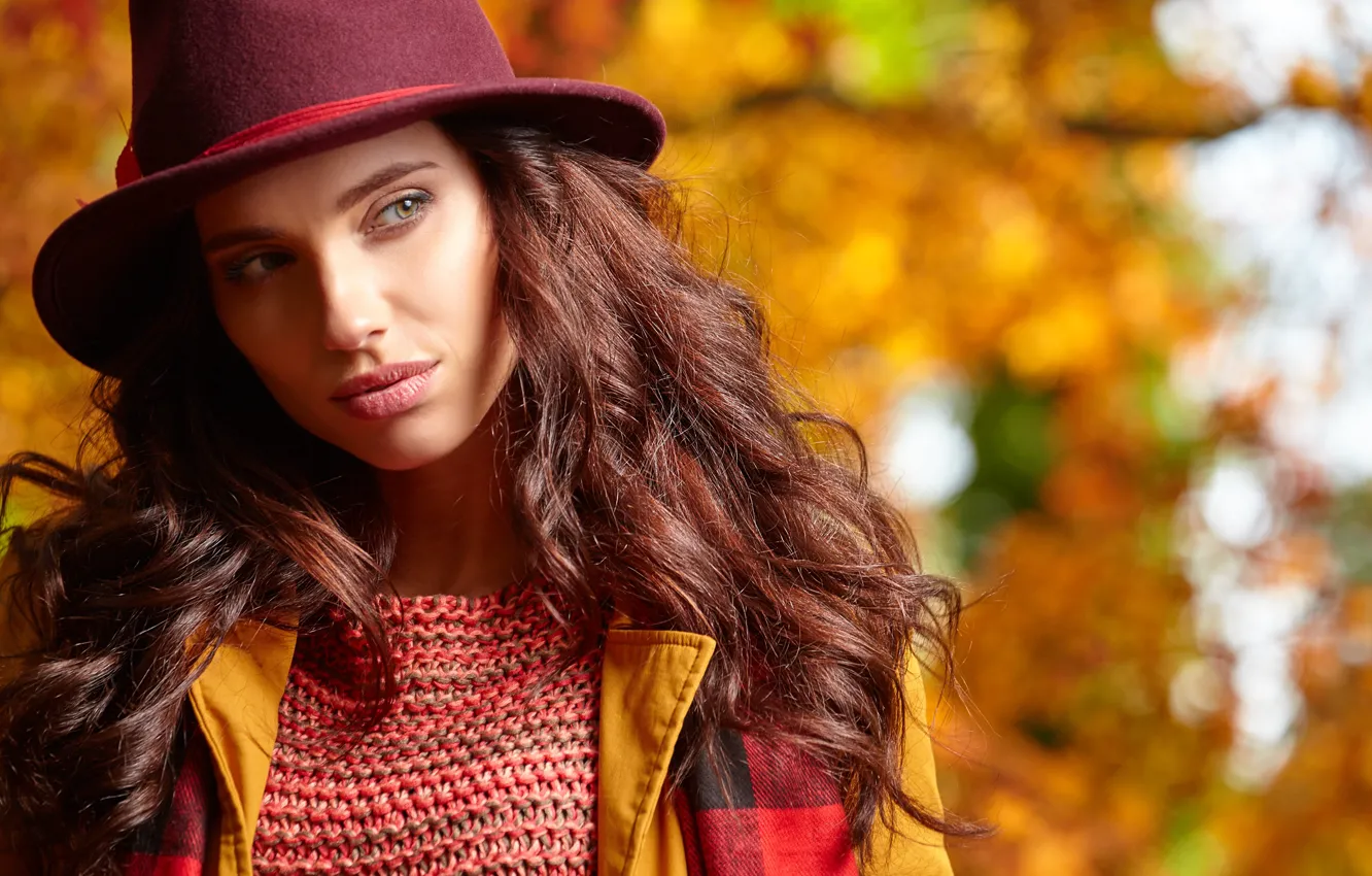 Photo wallpaper autumn, girl, hat, brown hair