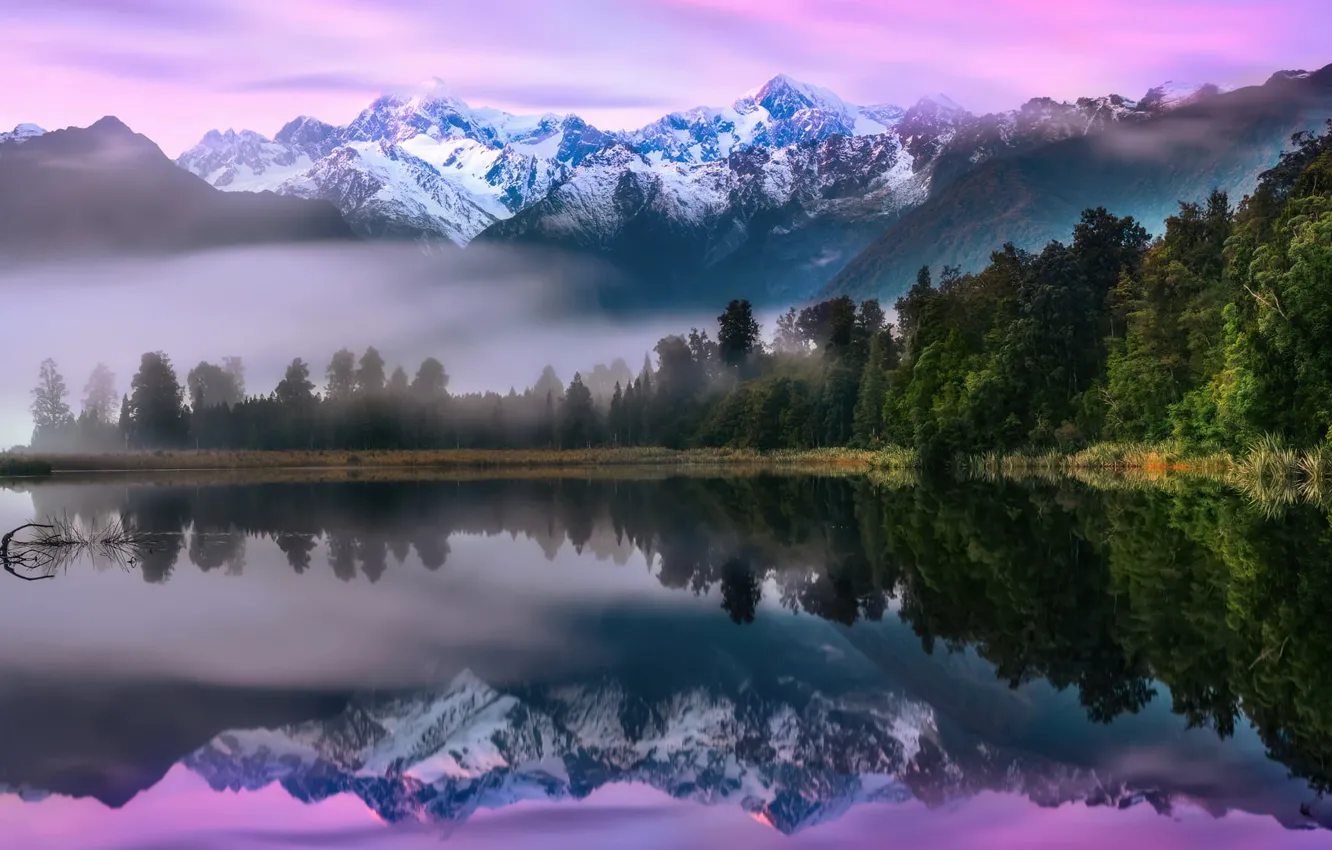 Photo wallpaper forest, trees, sunset, mountains, fog, lake, reflection