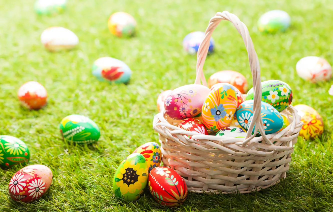 Photo wallpaper Grass, Easter, Eggs, Basket, eggs, Holidays