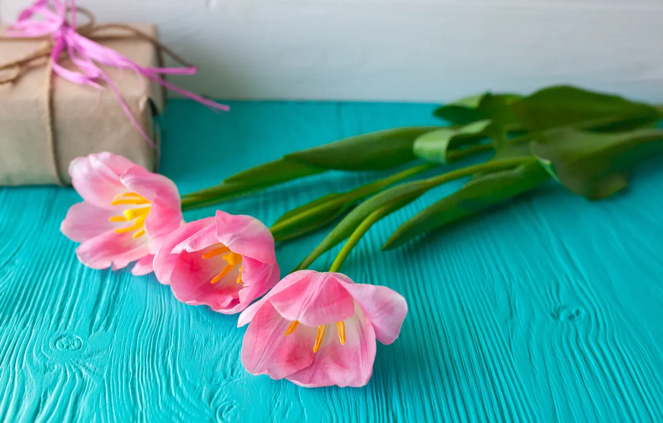 Photo wallpaper flowers, gift, tulips, pink, wood, pink, flowers, romantic