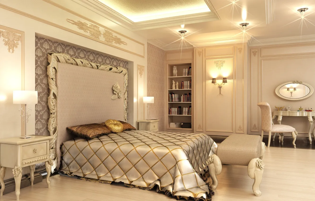 Photo wallpaper gold, bed, pillow, bedroom, beige