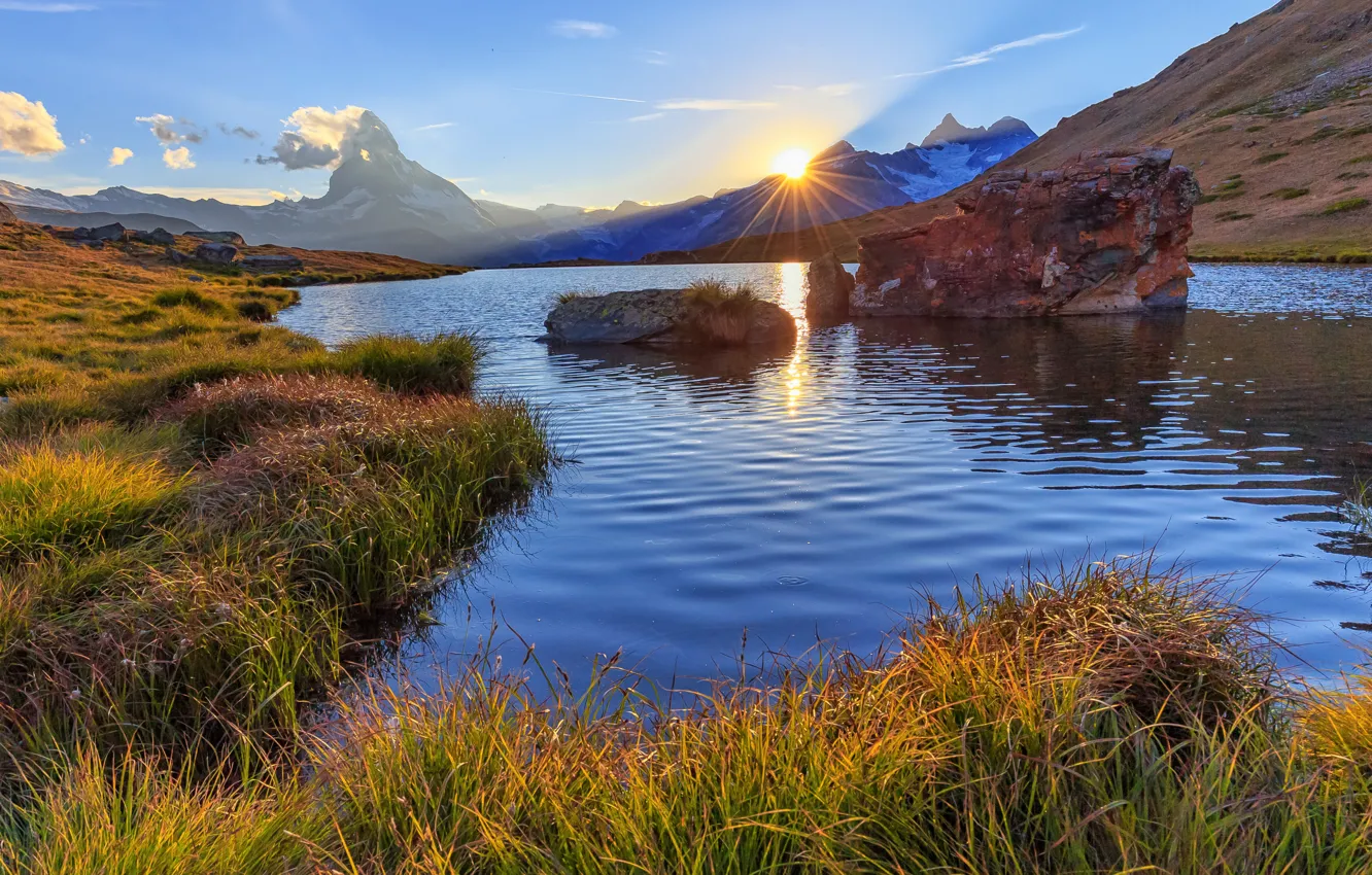 Photo wallpaper sunset, mountains, lake, Switzerland, Switzerland, Zermatt, Zermatt, the Matterhorn