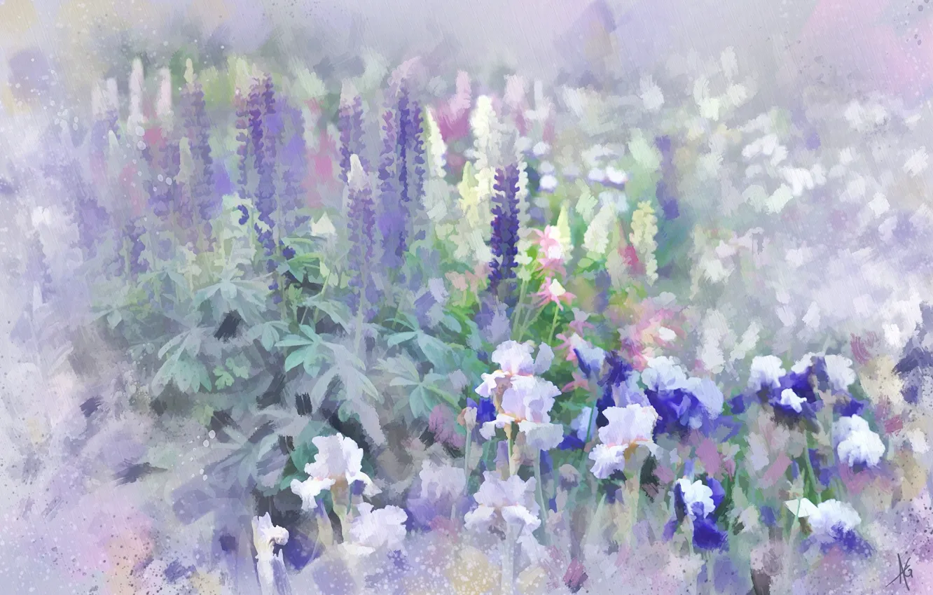 Photo wallpaper purple, flowers, meadow, iris, lupins