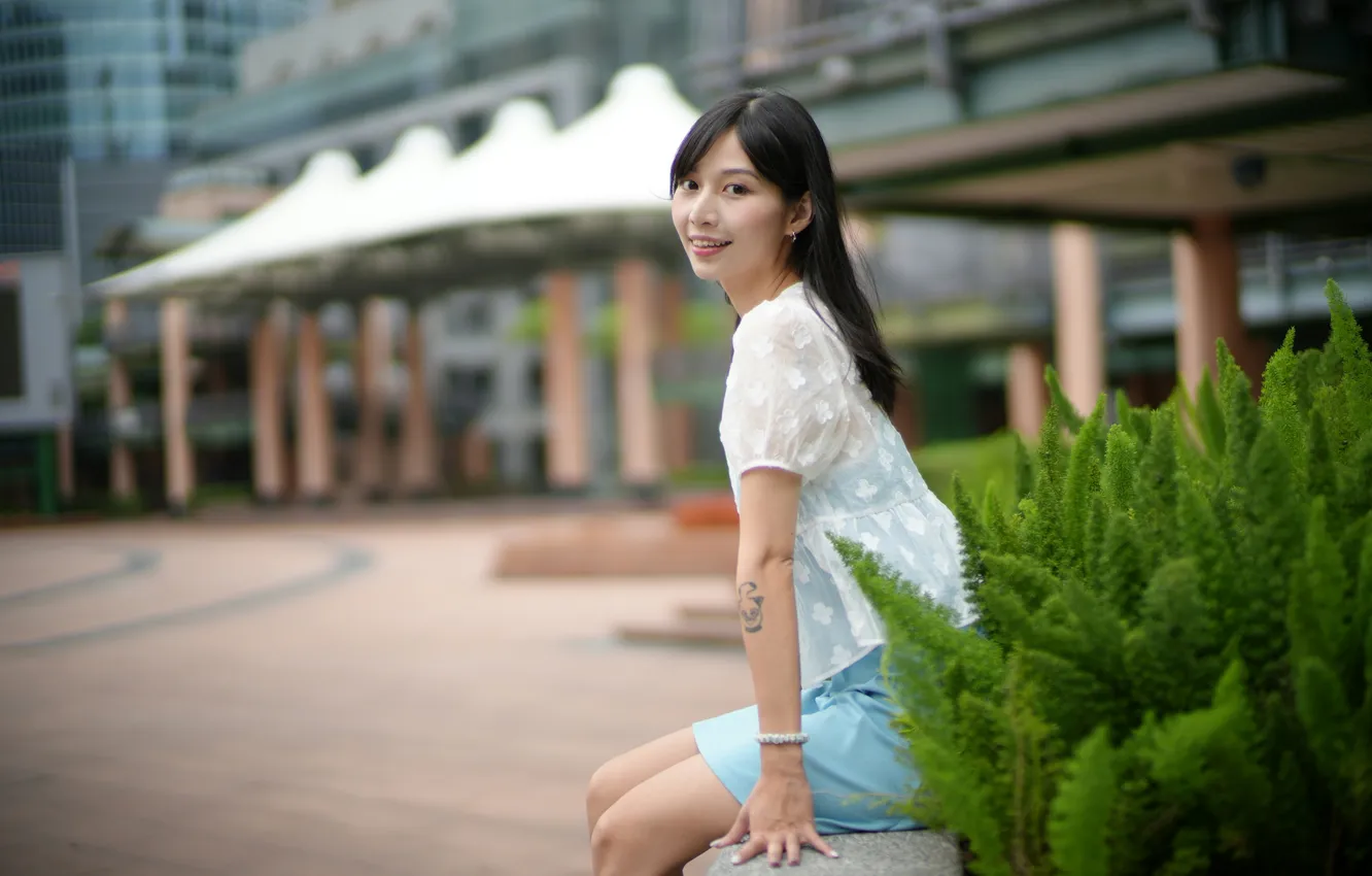 Photo wallpaper smile, skirt, blouse, Asian, sitting