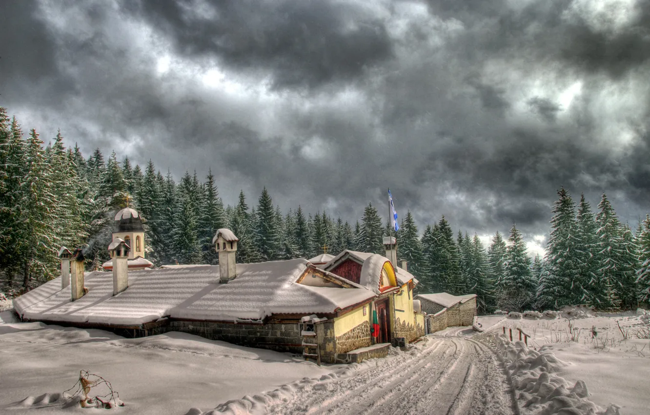Photo wallpaper winter, road, forest, snow, house, ate