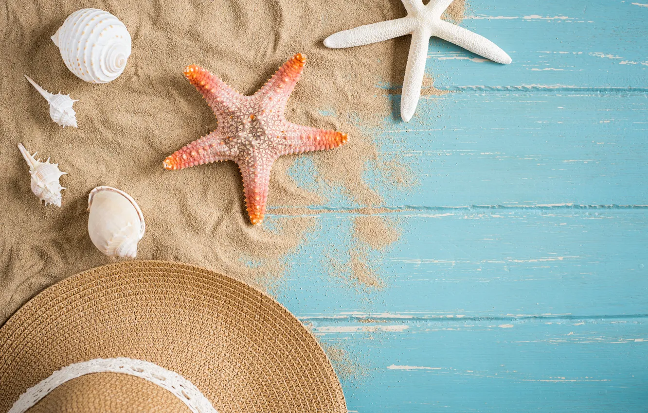 Photo wallpaper sand, beach, summer, stars, stay, hat, shell, summer