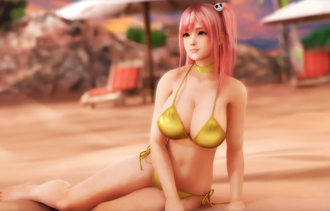 Photo wallpaper girl, sexy, cleavage, pink hair, long hair, legs, boobs, sunset