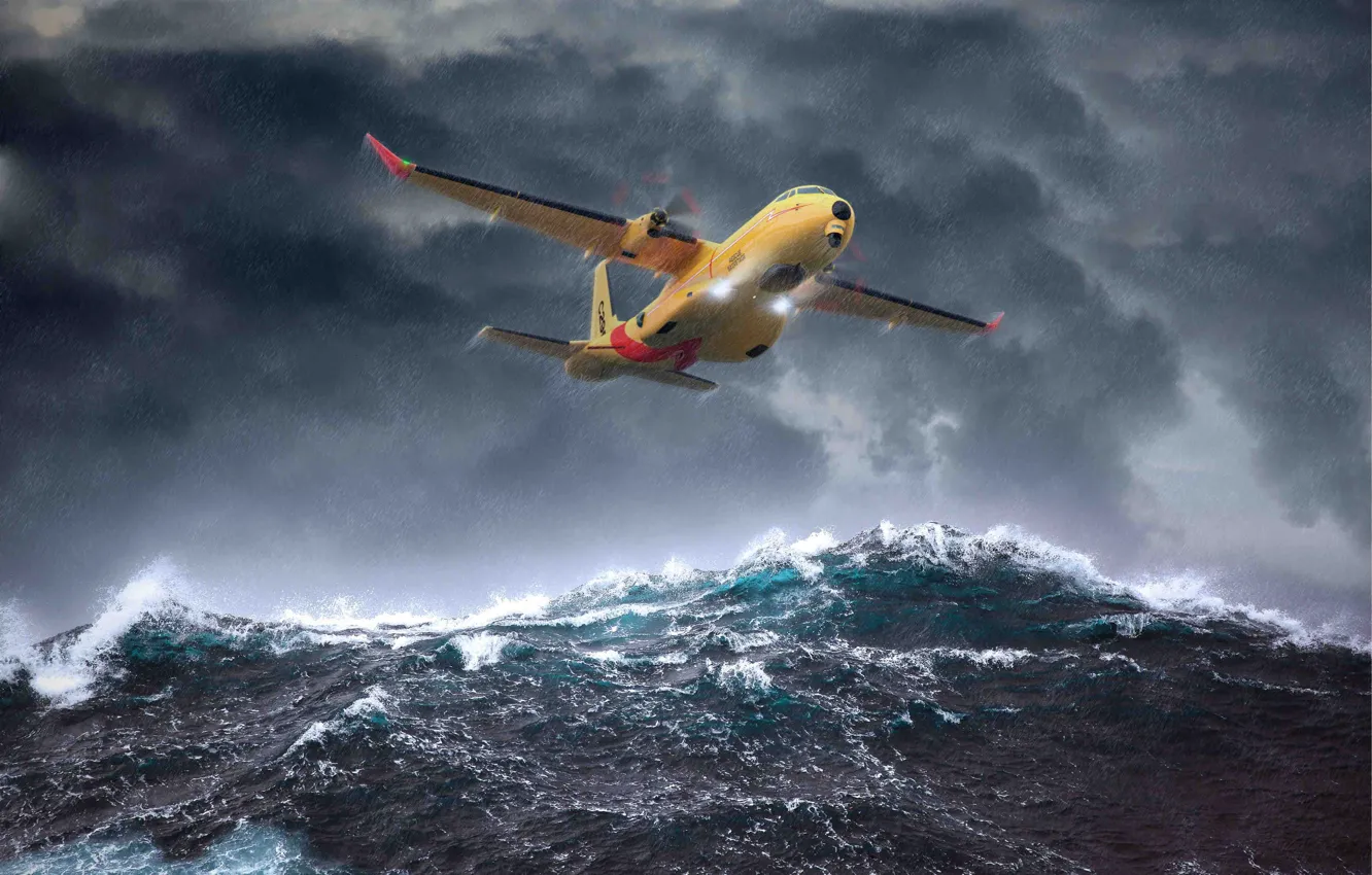 Photo wallpaper wave, water, flight, clouds, storm, the plane, Airbus, Fixed-Wing Search and Rescue