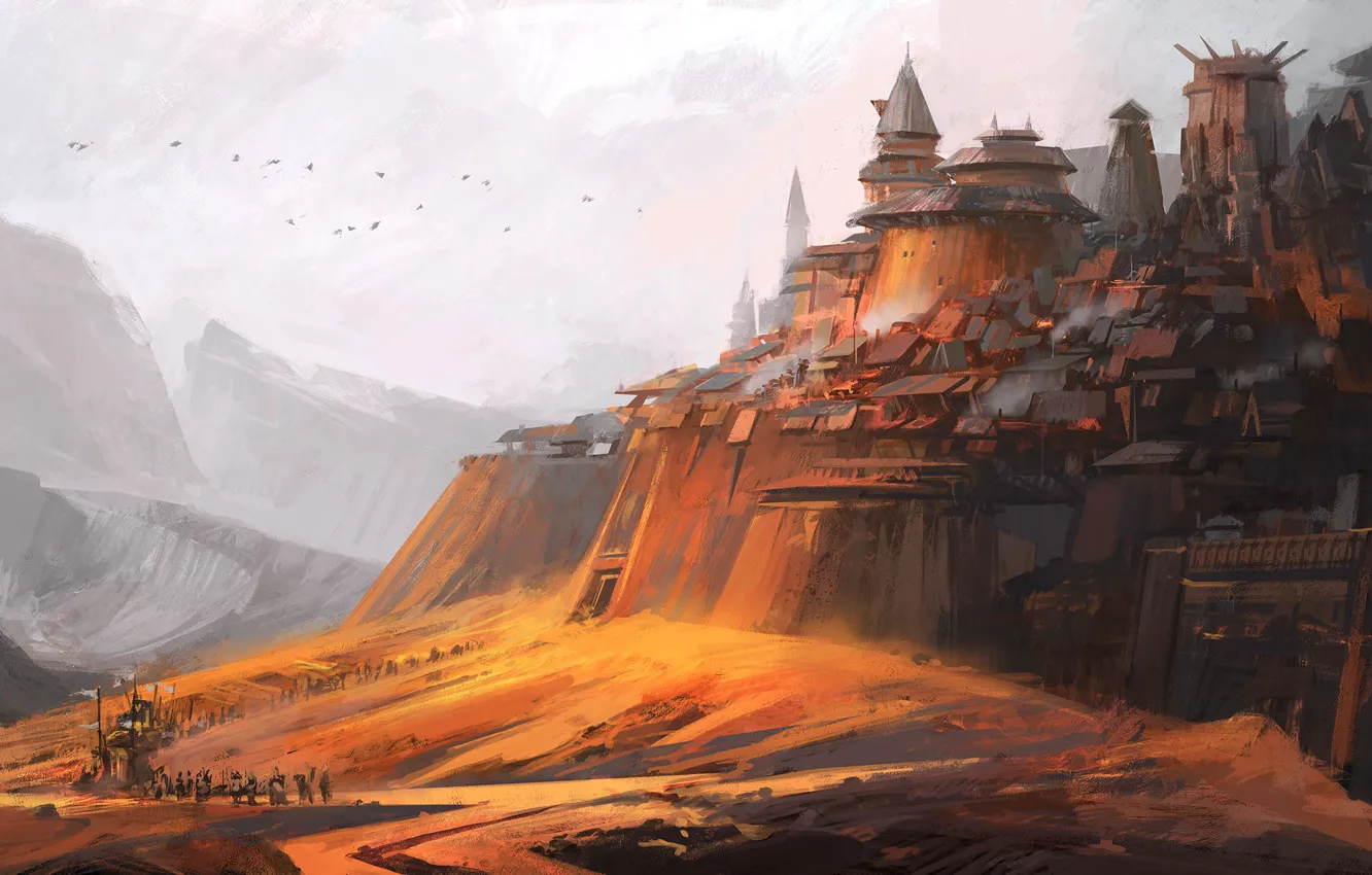 Photo wallpaper fantasy, landscape, nature, mountains, birds, castle, artist, artwork