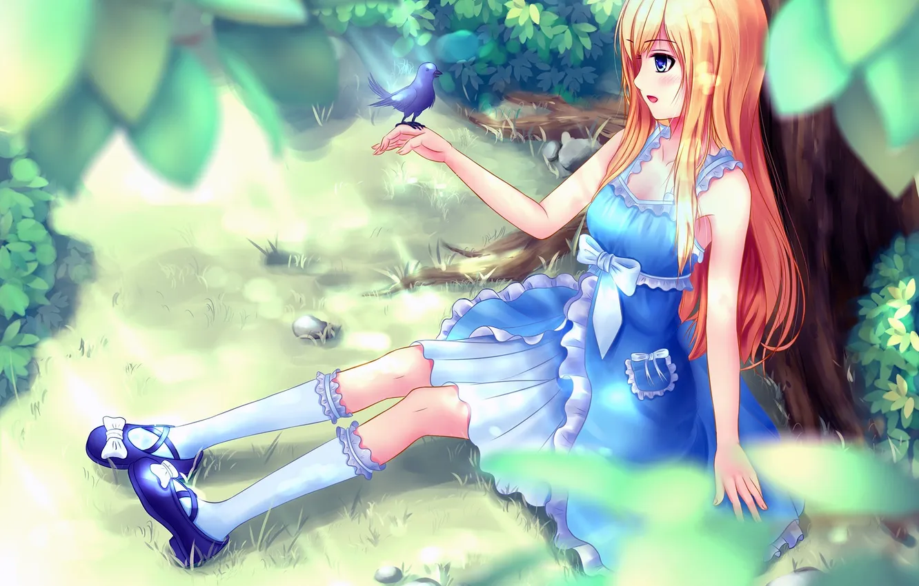 Photo wallpaper leaves, girl, trees, nature, anime, art, bird, bow