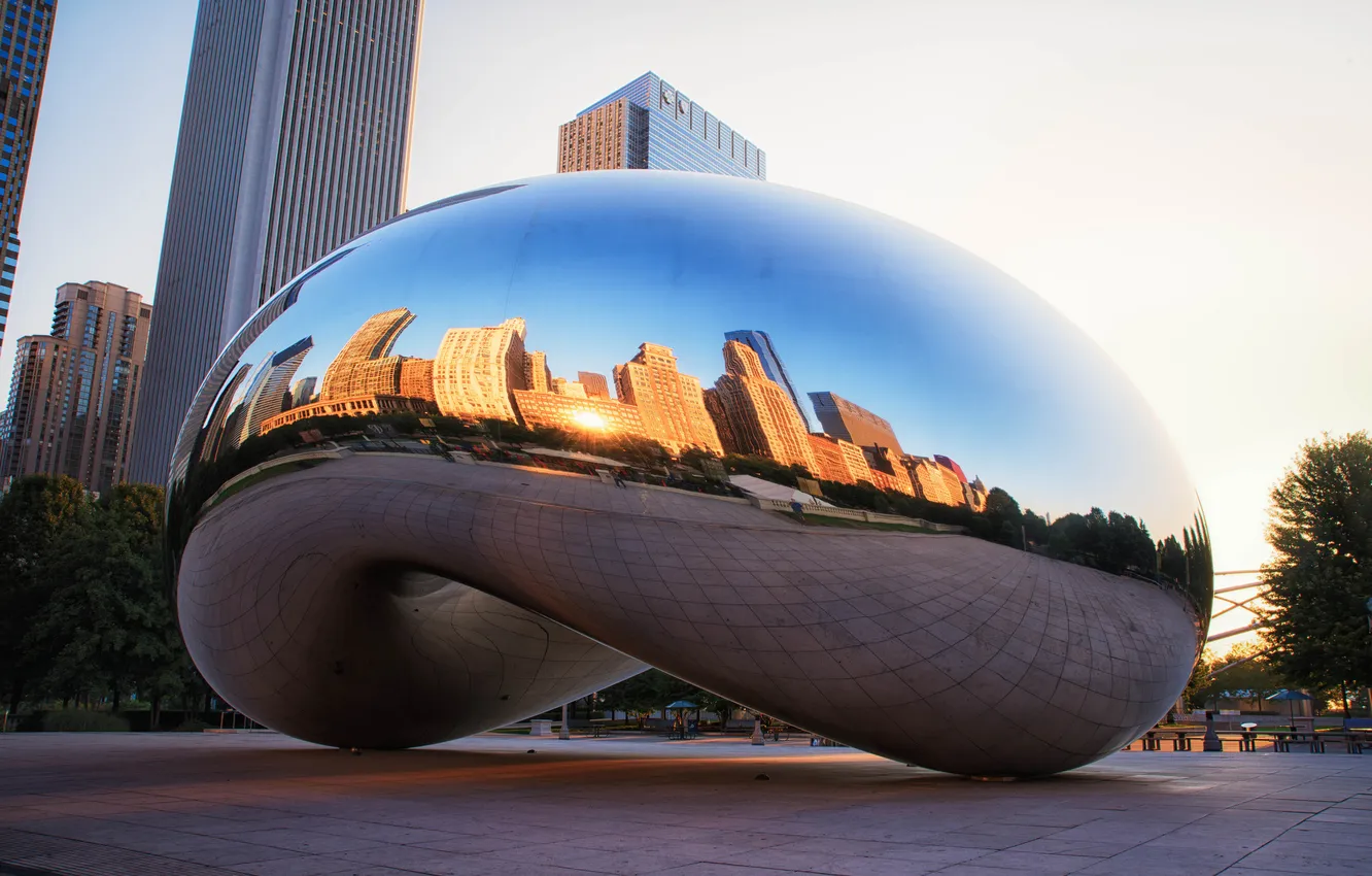 Photo wallpaper reflection, Chicago, Chicago, Illinois, monument, millennium park, Spaceship Earth, Millennium Park