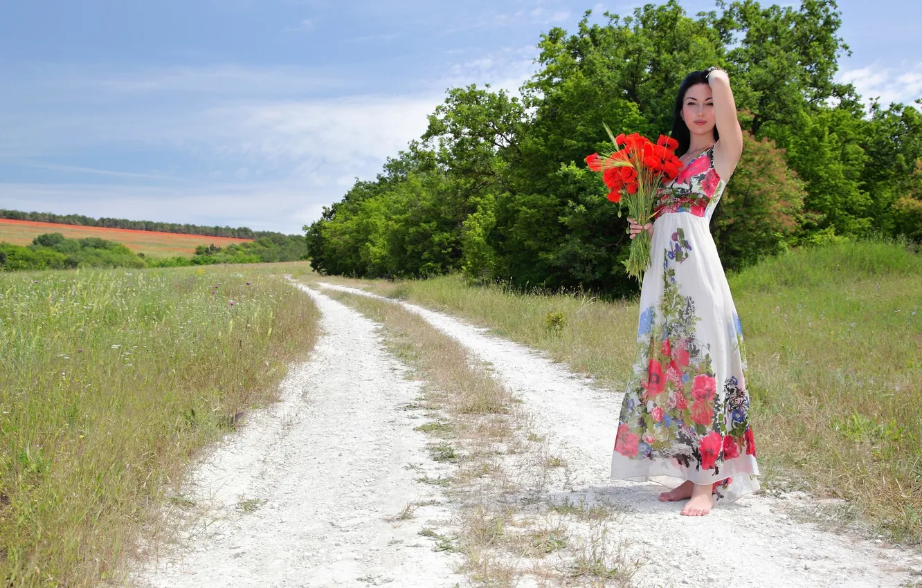 Photo wallpaper road, field, flowers, nature, Girl, bouquet