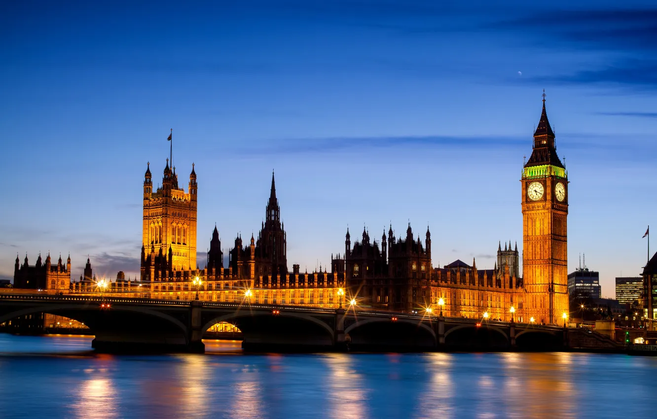 Photo wallpaper water, light, bridge, reflection, river, England, London, building