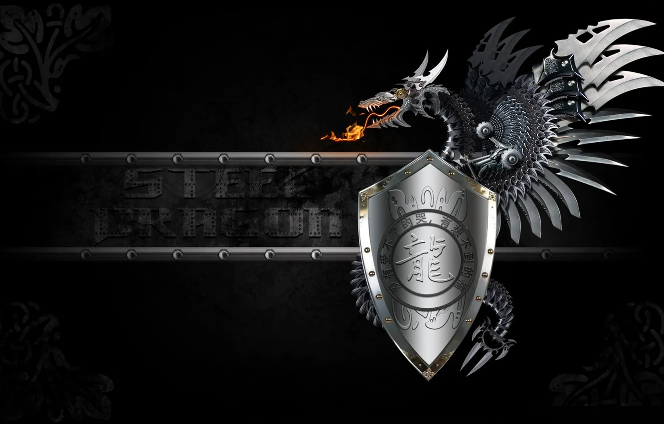 Photo wallpaper metal, dragon, art, characters, shield, black background, Steel Dragon
