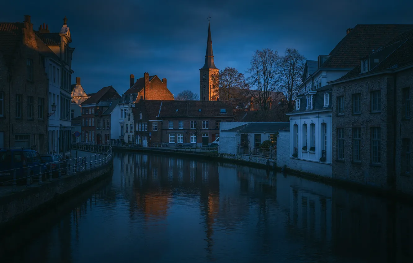Photo wallpaper night, the city, river, home, Belgium, Bruges