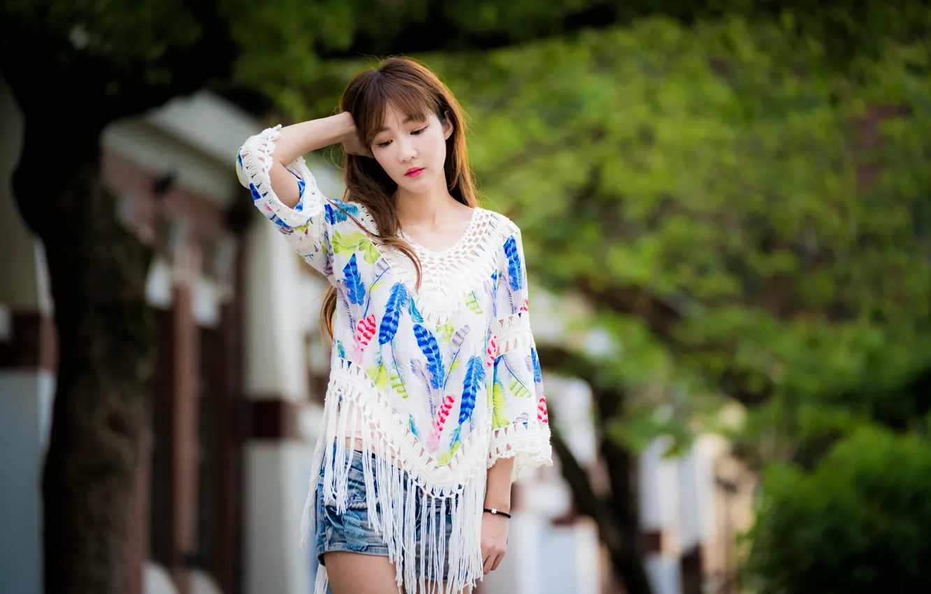 Photo wallpaper girl, sweetheart, brown hair, Asian, bokeh