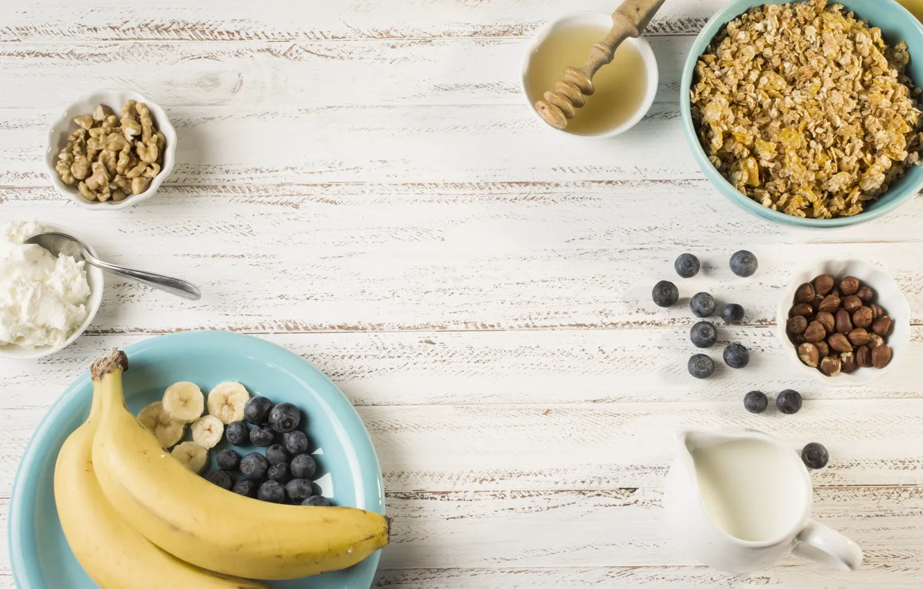 Photo wallpaper Breakfast, milk, bananas, nuts, honey, breakfast, granola