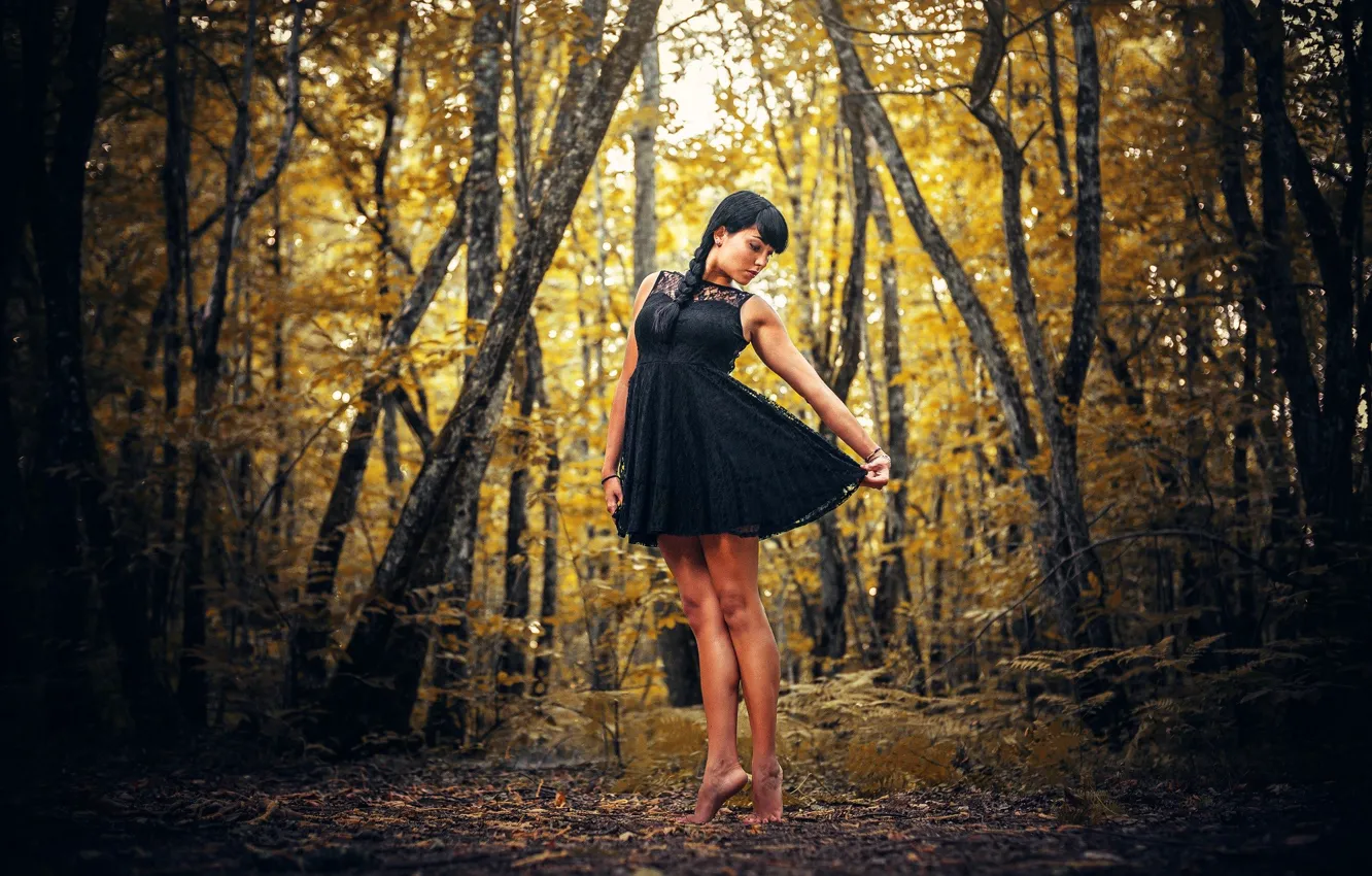 Photo wallpaper autumn, forest, trees, black, dress, brunette, sundress