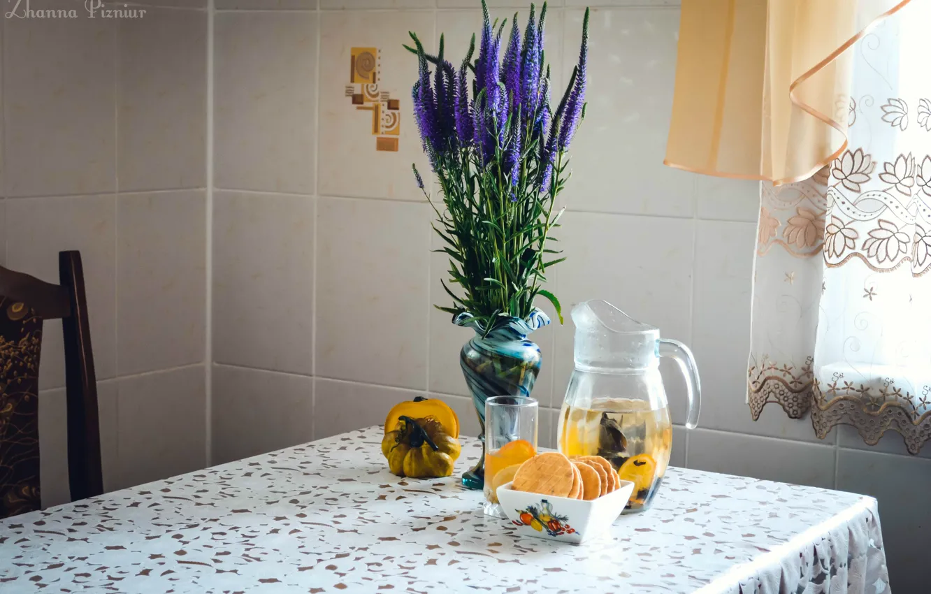 Photo wallpaper table, Flowers, cookies, kitchen, lemonade