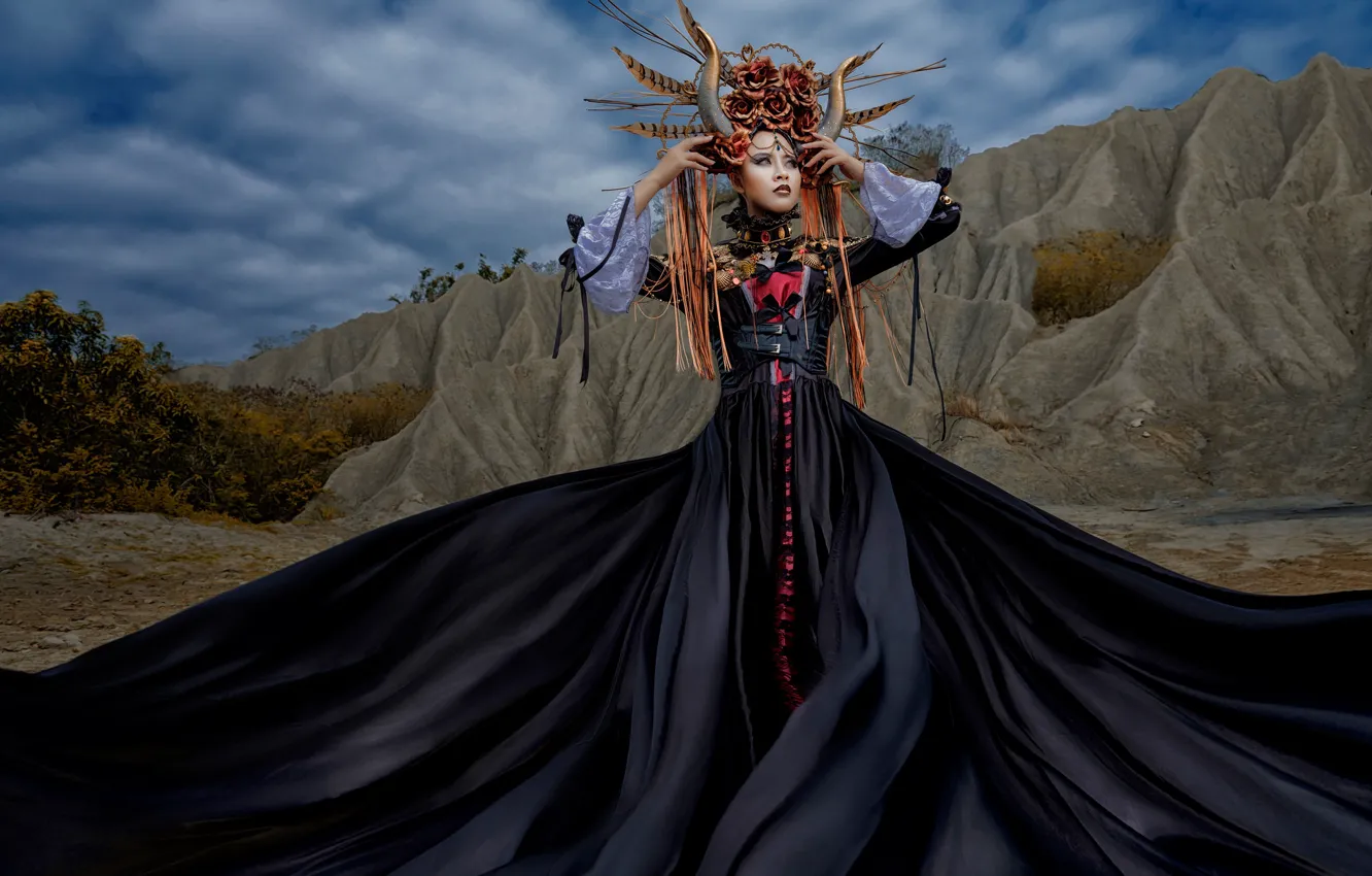Photo wallpaper girl, decoration, pose, style, dress, outfit, horns, Asian