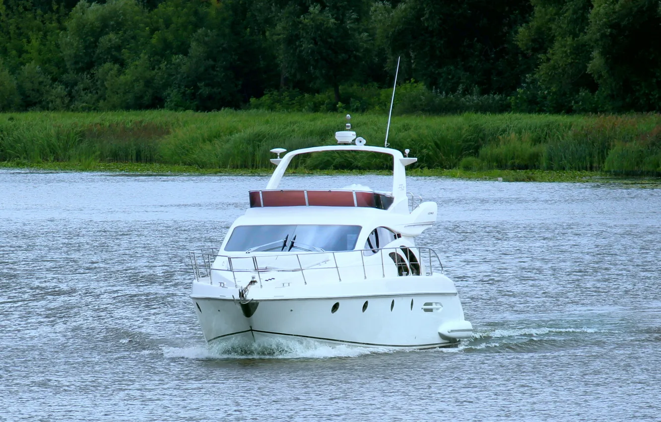 Photo wallpaper river, shore, yacht