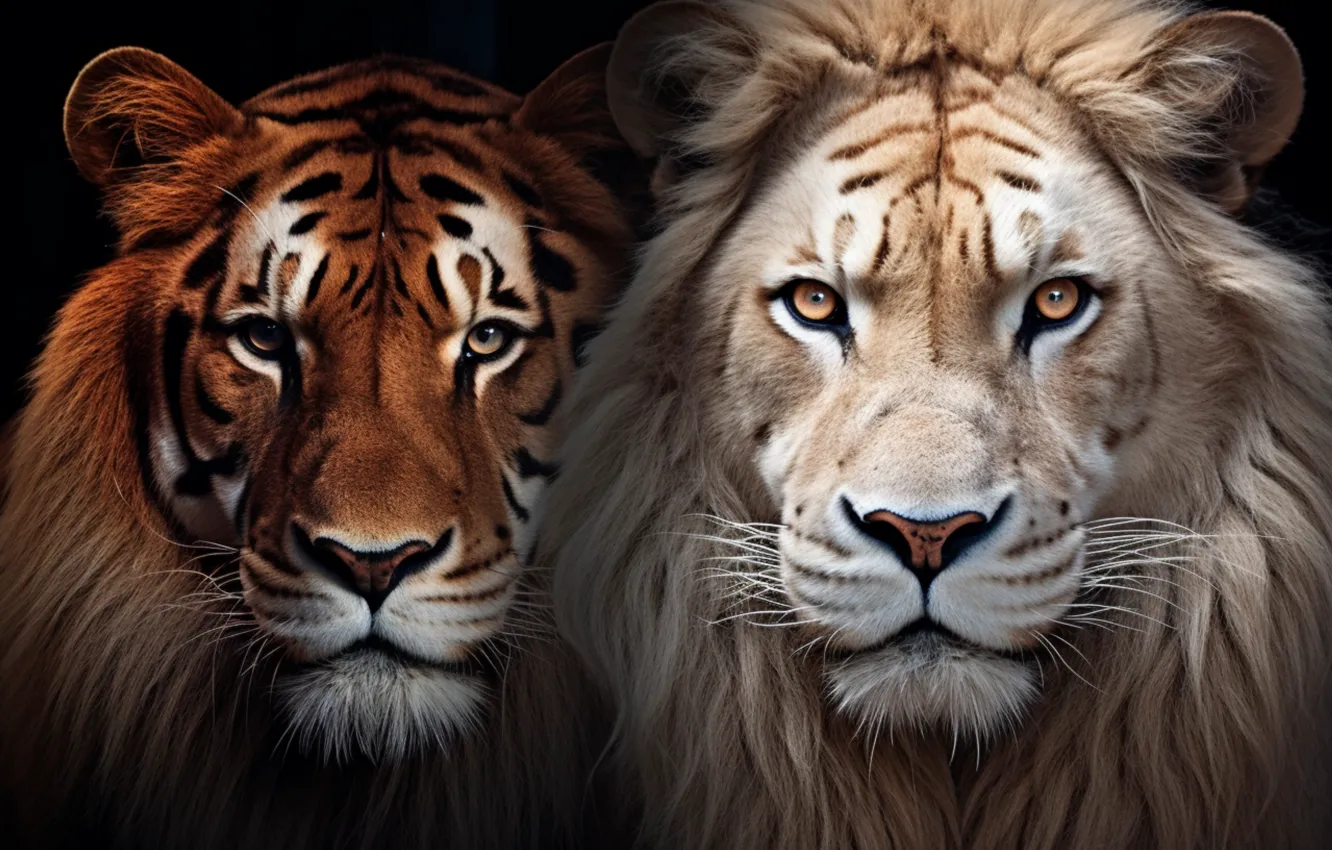 Photo wallpaper look, face, tiger, pose, portrait, Leo, pair, wild cat