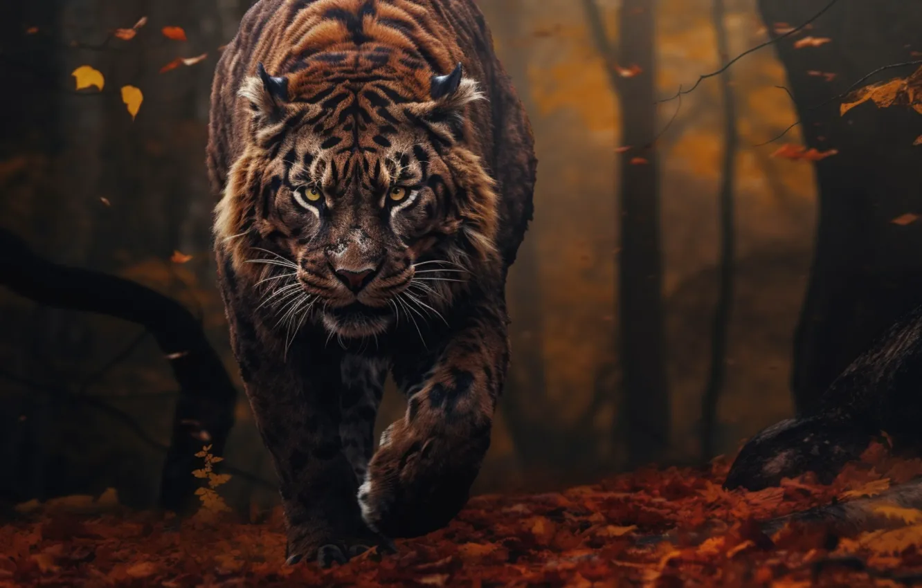 Photo wallpaper autumn, forest, look, face, nature, tiger, pose, hybrid