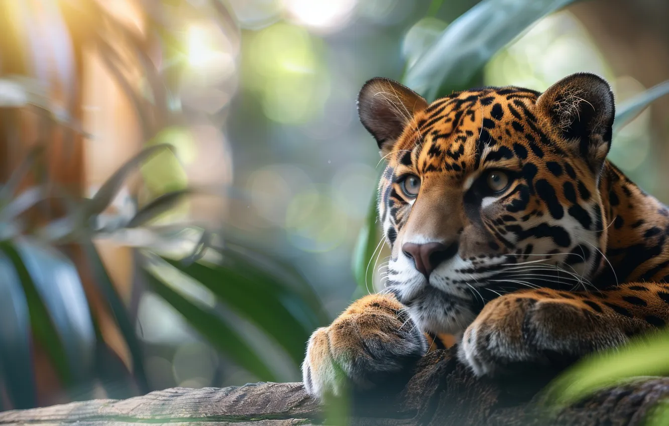 Photo wallpaper look, face, leaves, paws, Jaguar, young, bokeh, teen