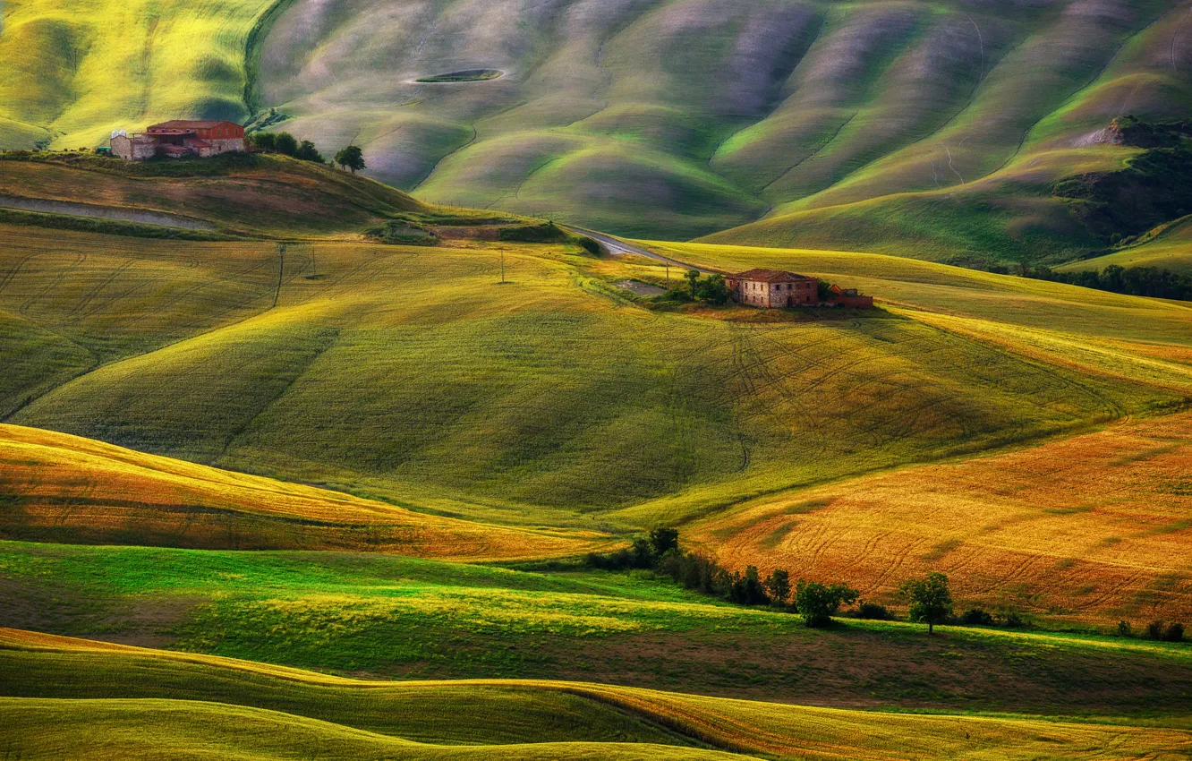 Photo wallpaper hills, field, home, Italy, Tuscany, barns
