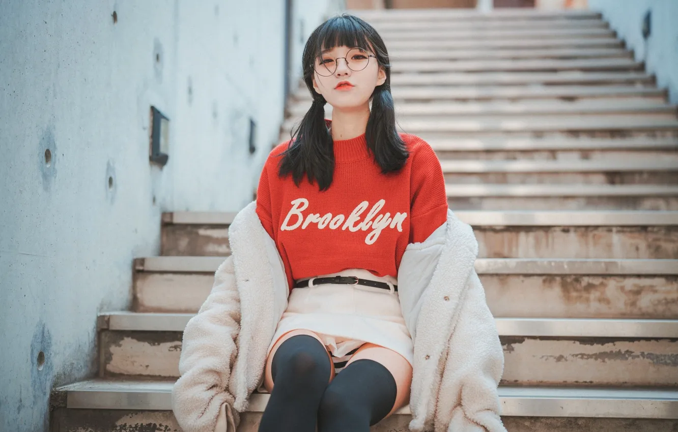 Photo wallpaper long hair, twintails, model, women, asian, sitting, miniskirt, women with glasses