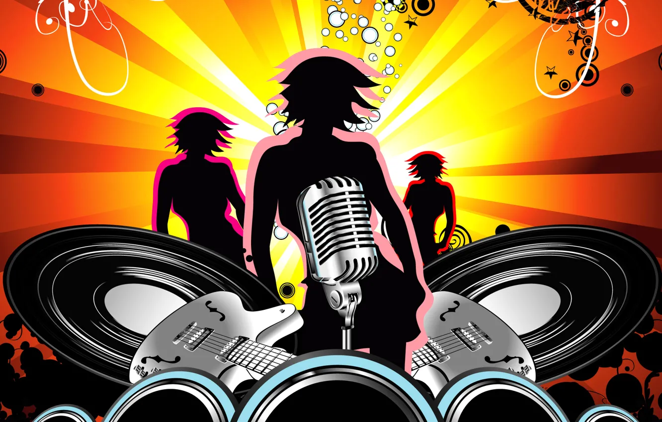 Photo wallpaper collage, guitar, vector, silhouette, microphone, disco