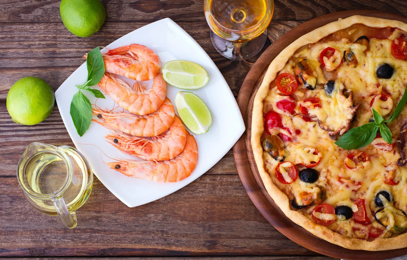 Photo wallpaper wine, glass, food, lime, pizza, pizza, shrimp, prawns