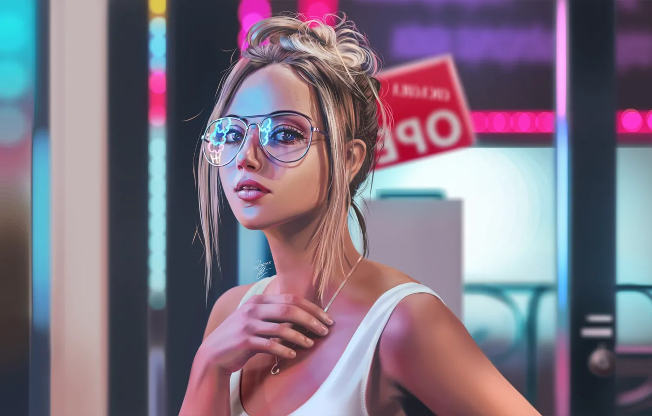 Photo wallpaper Girl, Figure, Look, Glasses, Blonde, Face, Girl, Eyes