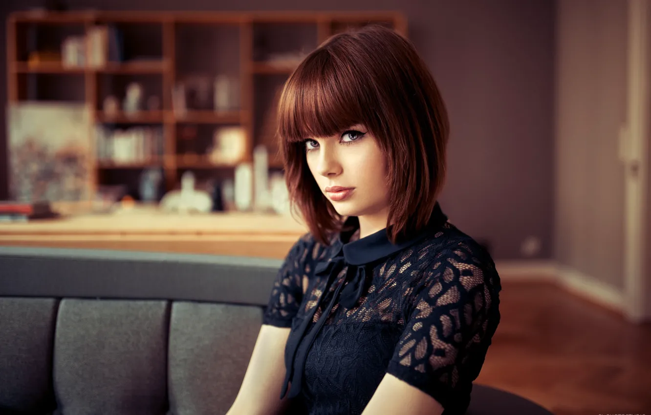 Photo wallpaper look, girl, room, sofa, model, portrait, makeup, hairstyle