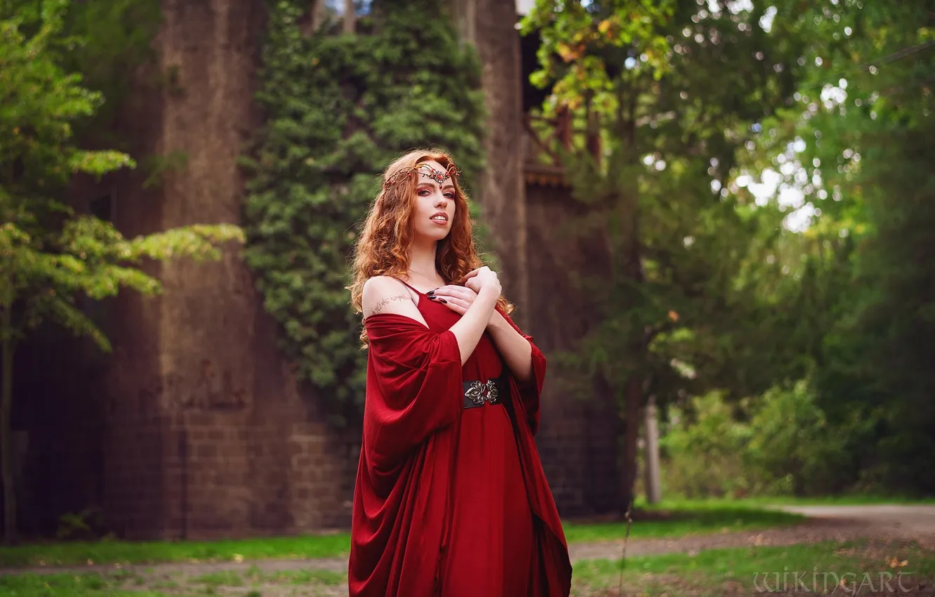 Photo wallpaper look, girl, decoration, trees, red, nature, pose, castle