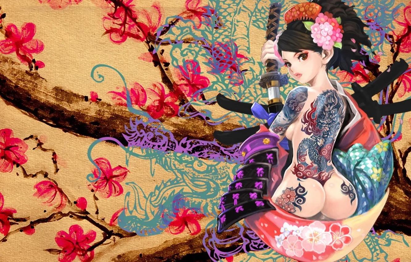 Photo wallpaper ass, pattern, sword, Figure, tattoo