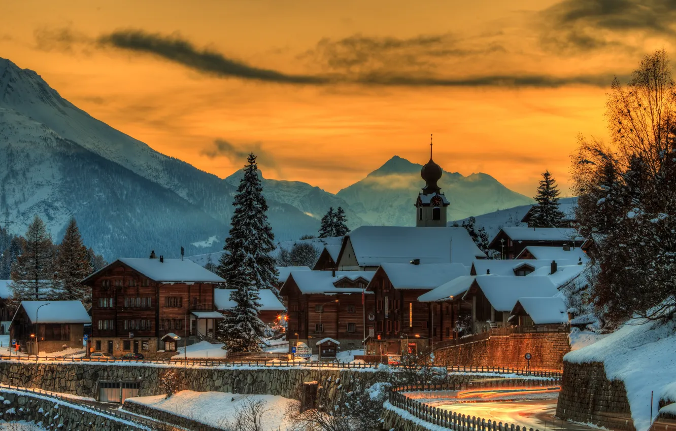 Photo wallpaper winter, the sky, snow, trees, sunset, mountains, lights, home