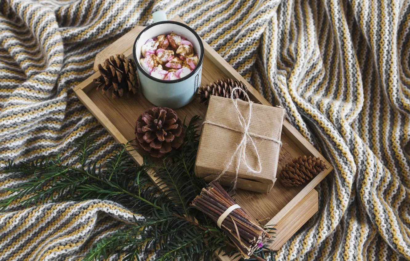 Photo wallpaper paper, sprig, gift, coffee, Cup, tree, marshmallows, knitting